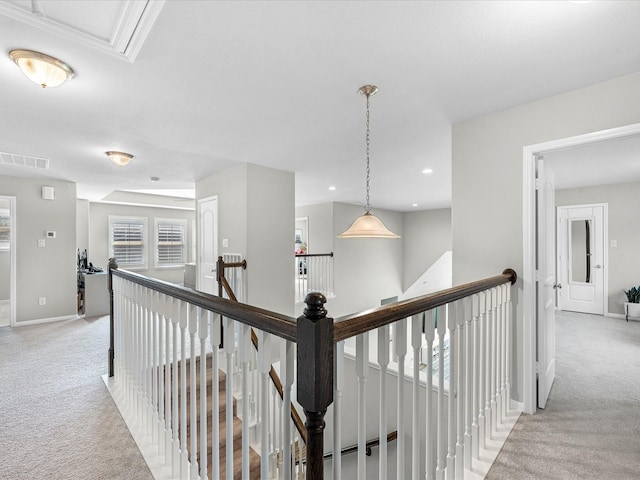 711 Summer Trace Ln, Richmond, TX 77406 - hall with light carpet, an upstairs landing, baseboards, and recessed lighting