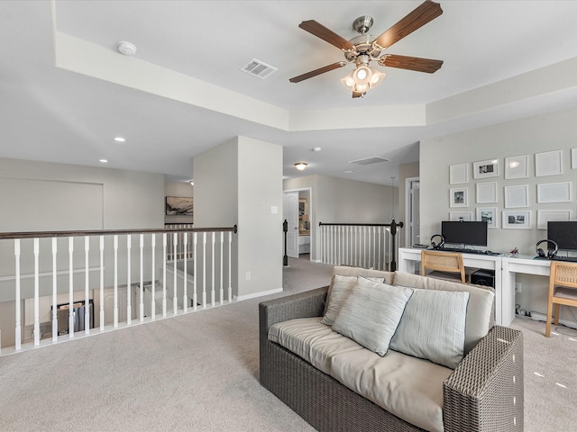 711 Summer Trace Ln, Richmond, TX 77406 - living area featuring carpet floors, a desk, ceiling fan, recessed lighting, and a raised ceiling