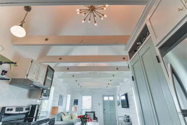 1511 Mechanic St, Galveston, TX 77550 - kitchen featuring stainless steel electric range, beam ceiling, open shelves, a chandelier, and open floor plan