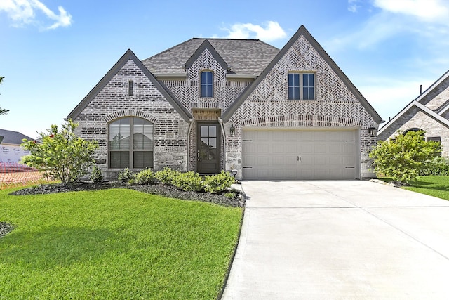 19331 Wild Sabino Way, Tomball, TX 77377 - french provincial home featuring driveway, a front yard, brick siding, and roof with shingles
