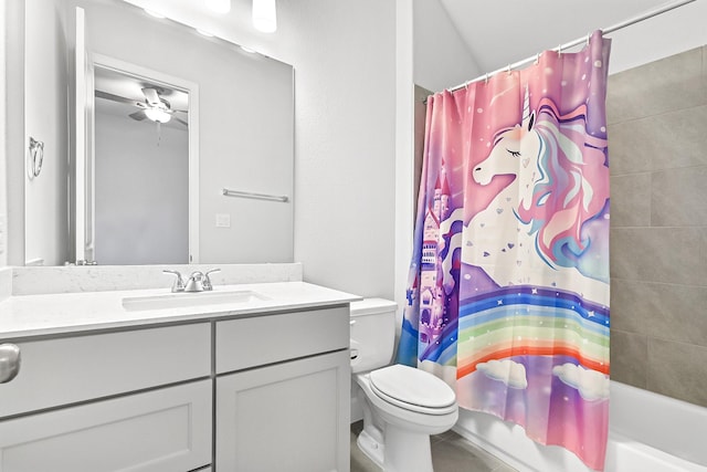 19331 Wild Sabino Way, Tomball, TX 77377 - bathroom with vanity, toilet, shower / bath combo, and ceiling fan