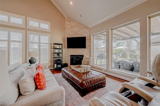 5123 Wheaton Park Dr, Sugar Land, TX 77479 - living area with wood finished floors, a stone fireplace, crown molding, and high vaulted ceiling