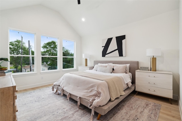 3731 Lydia St, Houston, TX 77021 - bedroom featuring light wood-style floors, recessed lighting, high vaulted ceiling, ceiling fan, and baseboards