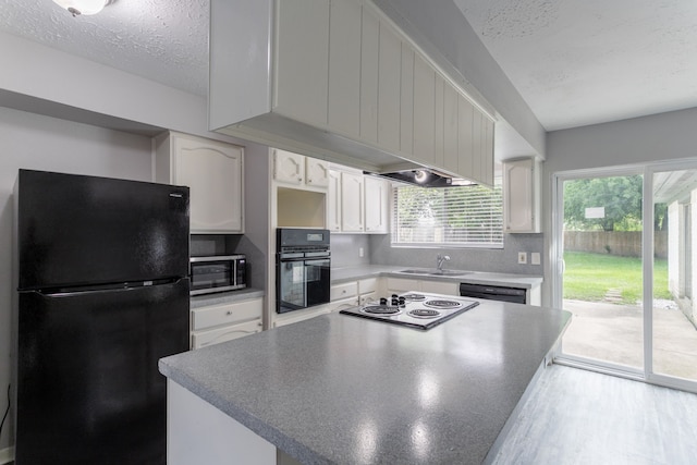 7218 Winding Trace Dr, Houston, TX 77086 - kitchen with black appliances, a sink, a textured ceiling, healthy amount of natural light, and white cabinetry