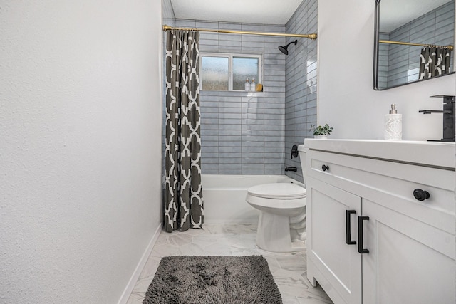 763 Voyager Dr, Houston, TX 77062 - full bathroom featuring marble finish floors, baseboards, toilet, shower / bath combo, and vanity