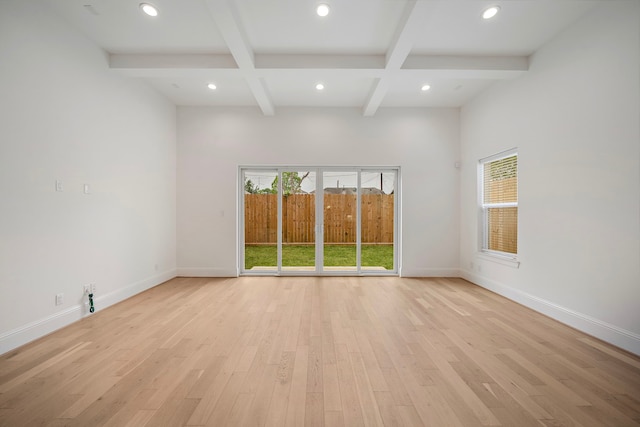 1435 Laird St, Houston, TX 77008 - unfurnished room with recessed lighting, beam ceiling, light wood finished floors, coffered ceiling, and baseboards