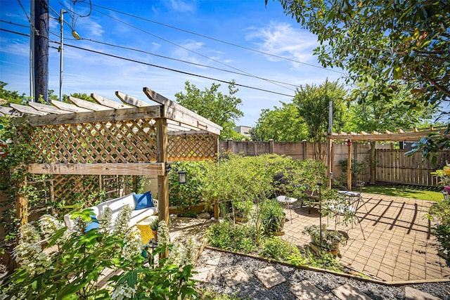 1380 Studer St, Houston, TX 77007 - fenced backyard featuring a patio area and a pergola