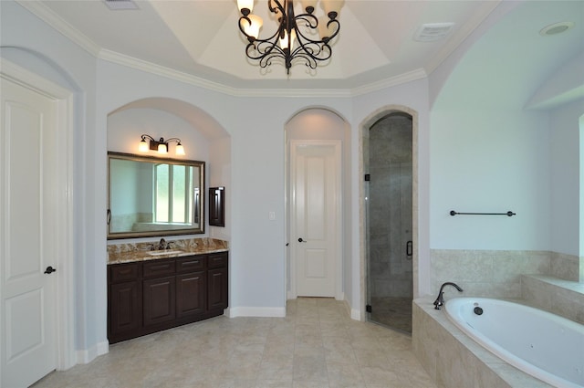 15818 Tremout Hollow Ln, Houston, TX 77044 - full bathroom with vanity, a garden tub, a shower stall, ornamental molding, and a chandelier