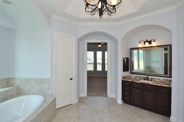 15818 Tremout Hollow Ln, Houston, TX 77044 - full bathroom with a bath, vanity, crown molding, a chandelier, and baseboards