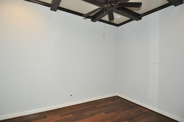 15818 Tremout Hollow Ln, Houston, TX 77044 - unfurnished room featuring dark wood-type flooring, baseboards, a ceiling fan, and beamed ceiling