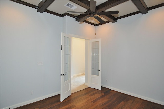 15818 Tremout Hollow Ln, Houston, TX 77044 - unfurnished bedroom with french doors, coffered ceiling, beam ceiling, wood finished floors, and baseboards