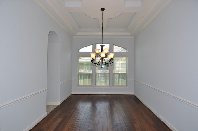 15818 Tremout Hollow Ln, Houston, TX 77044 - unfurnished dining area featuring a chandelier, arched walkways, dark wood-type flooring, crown molding, and baseboards