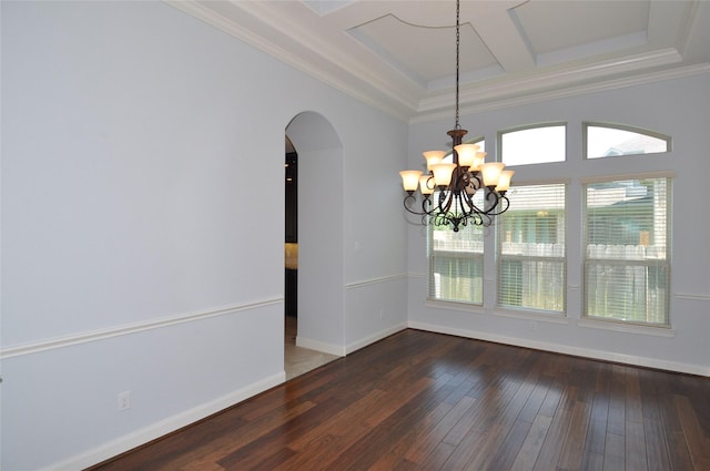 15818 Tremout Hollow Ln, Houston, TX 77044 - unfurnished dining area with crown molding, arched walkways, plenty of natural light, coffered ceiling, and dark wood-style flooring