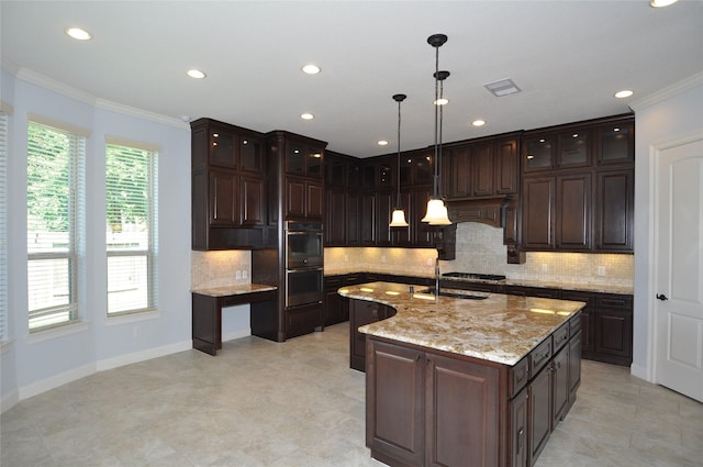 15818 Tremout Hollow Ln, Houston, TX 77044 - kitchen featuring appliances with stainless steel finishes, ornamental molding, a sink, backsplash, and glass insert cabinets