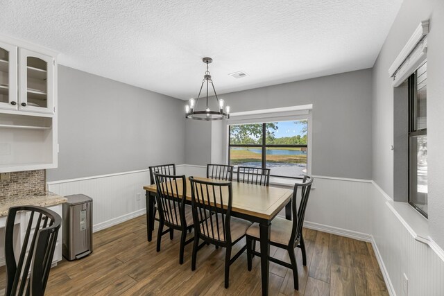 16610 Meadow Ln Unit Cr438, Danbury, TX 77534 - dining room with a wainscoted wall, dark wood finished floors, a chandelier, a textured ceiling, and a water view