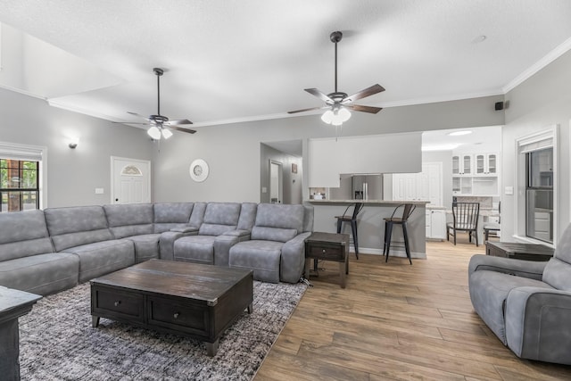 16610 Meadow Ln Unit Cr438, Danbury, TX 77534 - living area featuring ceiling fan, ornamental molding, and light wood finished floors