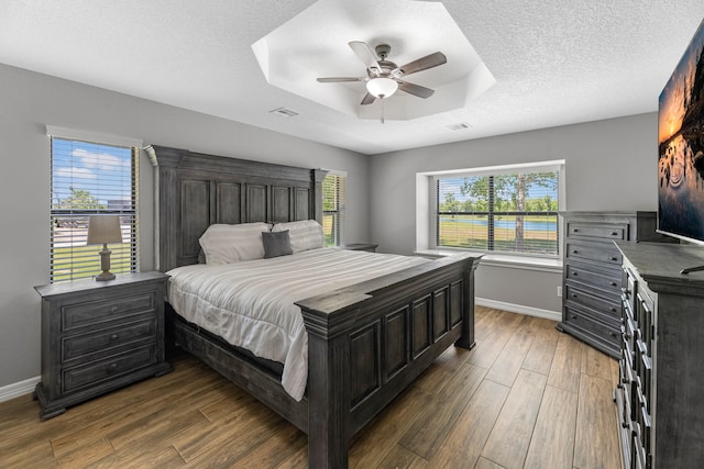 16610 Meadow Ln Unit Cr438, Danbury, TX 77534 - bedroom featuring dark wood-style flooring, baseboards, multiple windows, a raised ceiling, and a textured ceiling
