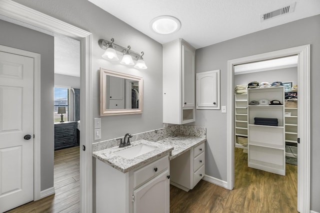 16610 Meadow Ln Unit Cr438, Danbury, TX 77534 - full bath featuring wood finished floors, vanity, baseboards, a walk in closet, and a textured ceiling