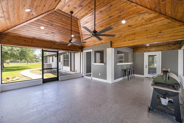 16610 Meadow Ln Unit Cr438, Danbury, TX 77534 - unfurnished living room with baseboards, high vaulted ceiling, recessed lighting, a ceiling fan, and wooden ceiling