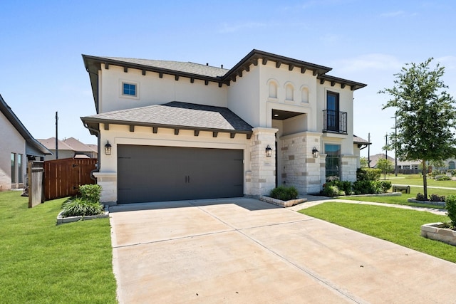 2006 Green Haven Ct, Missouri City, TX 77459 - view of front of home featuring a balcony, driveway, stucco siding, and stone siding