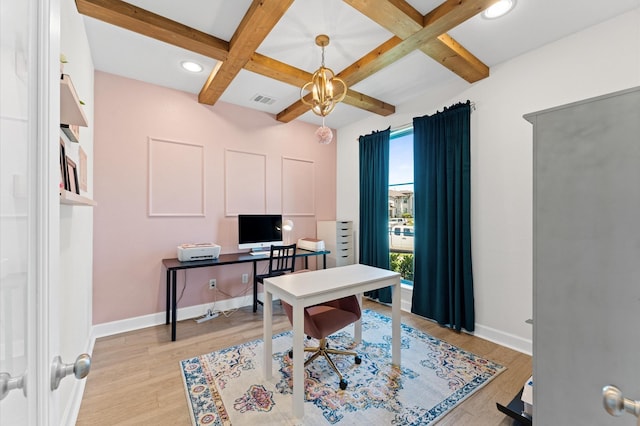 2006 Green Haven Ct, Missouri City, TX 77459 - home office with coffered ceiling, baseboards, beamed ceiling, light wood-style flooring, and recessed lighting