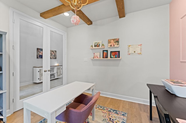 2006 Green Haven Ct, Missouri City, TX 77459 - home office featuring beamed ceiling, light wood-style flooring, a ceiling fan, baseboards, and recessed lighting
