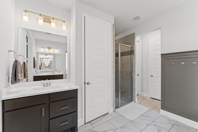 2006 Green Haven Ct, Missouri City, TX 77459 - bathroom with marble finish floors, a shower stall, and vanity