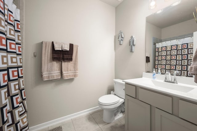 255 S Spotted Fern Dr, Montgomery, TX 77316 - bathroom featuring tile patterned floors, vanity, toilet, baseboards, and a shower with shower curtain