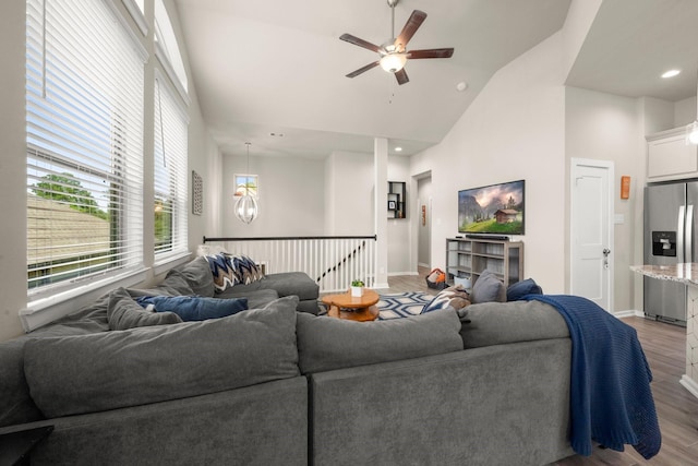 255 S Spotted Fern Dr, Montgomery, TX 77316 - living area featuring light wood-type flooring, high vaulted ceiling, a ceiling fan, baseboards, and recessed lighting