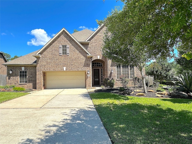 2308 Ellis Park Ln, Conroe, TX 77304 - traditional home with brick siding, driveway, a front lawn, and roof with shingles