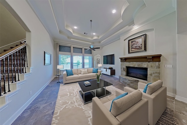 2308 Ellis Park Ln, Conroe, TX 77304 - living area with stairs, baseboards, recessed lighting, a fireplace, and a ceiling fan