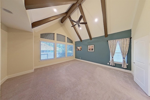 2308 Ellis Park Ln, Conroe, TX 77304 - unfurnished room featuring beam ceiling, high vaulted ceiling, ceiling fan, carpet flooring, and baseboards