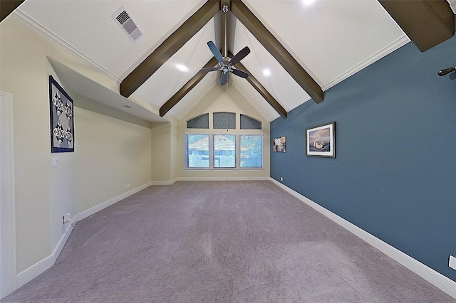 2308 Ellis Park Ln, Conroe, TX 77304 - empty room with beam ceiling, a ceiling fan, carpet flooring, baseboards, and high vaulted ceiling