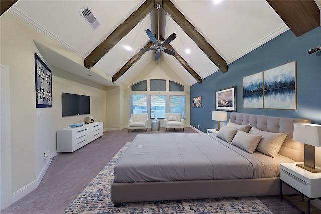 2308 Ellis Park Ln, Conroe, TX 77304 - bedroom with beamed ceiling, carpet flooring, baseboards, high vaulted ceiling, and ceiling fan
