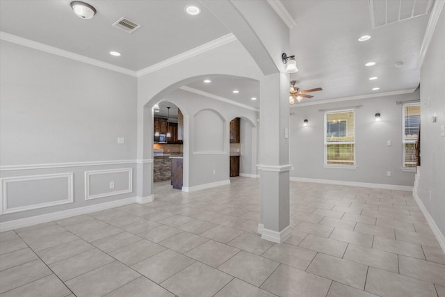 2800 Virginia Ave, League City, TX 77573 - unfurnished living room with arched walkways, a ceiling fan, ornamental molding, recessed lighting, and light tile patterned flooring