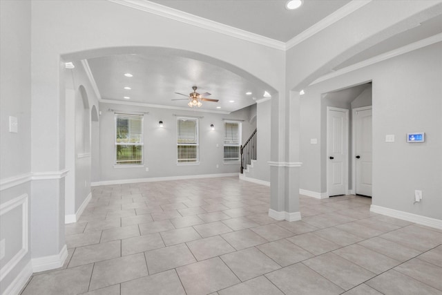 2800 Virginia Ave, League City, TX 77573 - unfurnished living room with ceiling fan, crown molding, stairs, light tile patterned floors, and recessed lighting