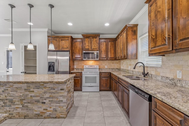 2800 Virginia Ave, League City, TX 77573 - kitchen with stainless steel appliances, a sink, ornamental molding, decorative backsplash, and light stone counters