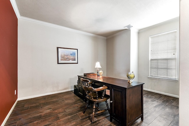 office featuring dark wood-style flooring, ornamental molding, and baseboards