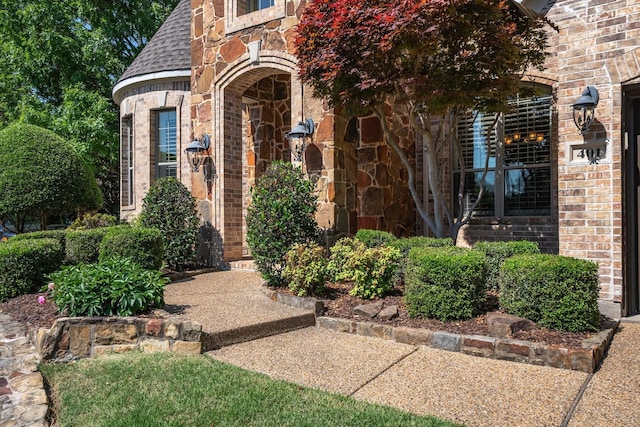 401 Bastrop Dr, Allen, TX 75013 - entrance to property with brick siding, stone siding, and a shingled roof