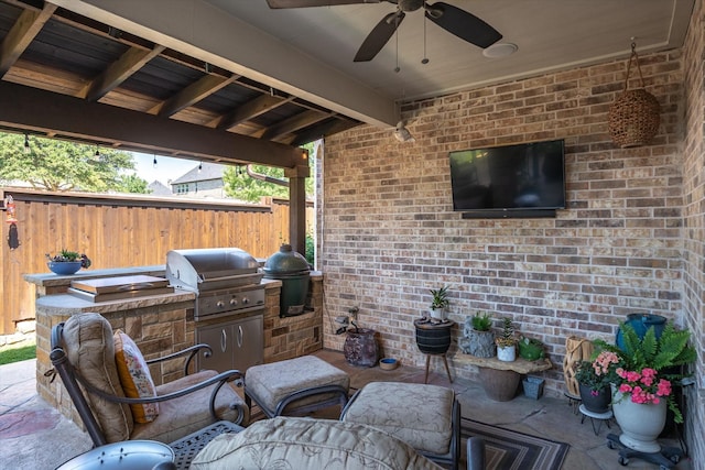 401 Bastrop Dr, Allen, TX 75013 - view of patio featuring a grill, ceiling fan, fence, and an outdoor kitchen