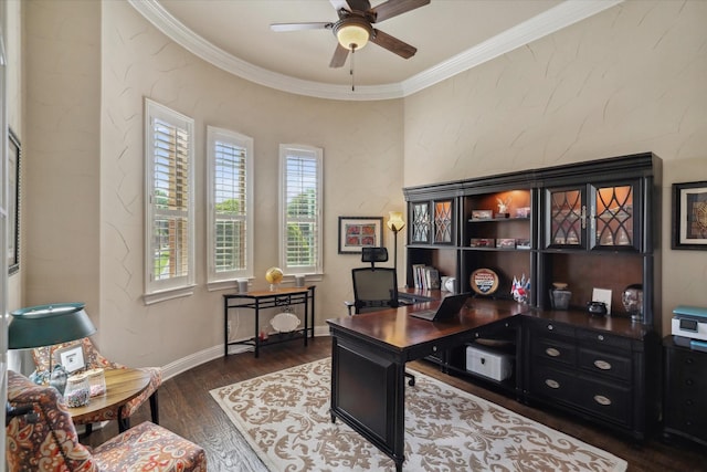 401 Bastrop Dr, Allen, TX 75013 - office space with crown molding, a ceiling fan, dark wood finished floors, and baseboards