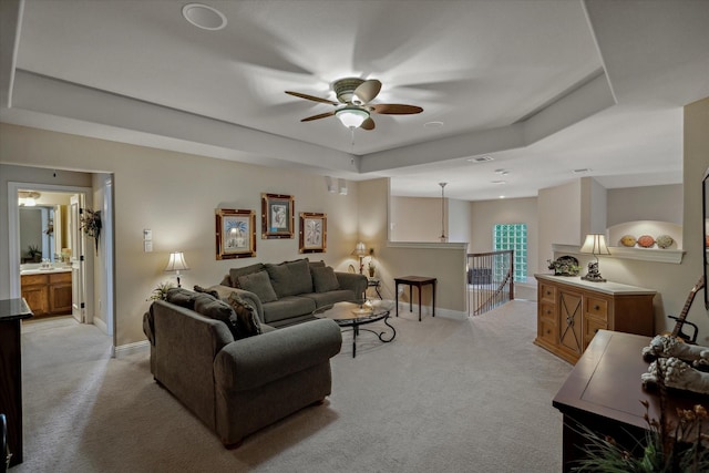 401 Bastrop Dr, Allen, TX 75013 - living area featuring light colored carpet, a ceiling fan, and baseboards