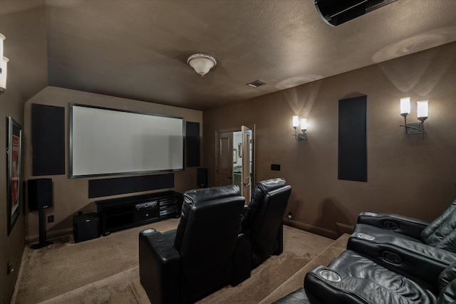401 Bastrop Dr, Allen, TX 75013 - cinema room with light colored carpet, baseboards, and a textured ceiling