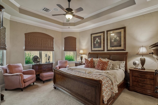 401 Bastrop Dr, Allen, TX 75013 - bedroom with a tray ceiling, light colored carpet, multiple windows, crown molding, and a ceiling fan