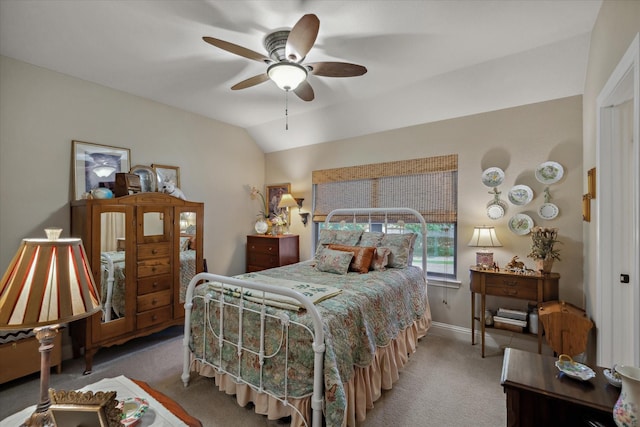 401 Bastrop Dr, Allen, TX 75013 - carpeted bedroom featuring vaulted ceiling, baseboards, and a ceiling fan
