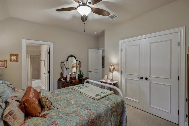 401 Bastrop Dr, Allen, TX 75013 - carpeted bedroom with a closet, ensuite bath, a ceiling fan, and lofted ceiling