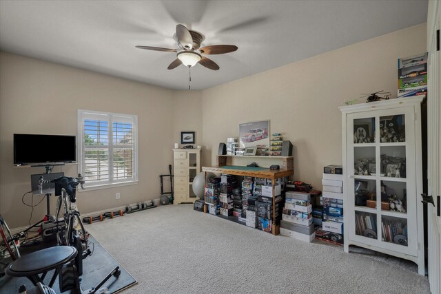 401 Bastrop Dr, Allen, TX 75013 - exercise area with carpet and a ceiling fan