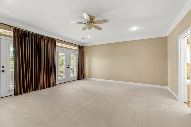 6635 Wanita Pl Unit B, Houston, TX 77007 - empty room with ornamental molding, a ceiling fan, light colored carpet, baseboards, and recessed lighting