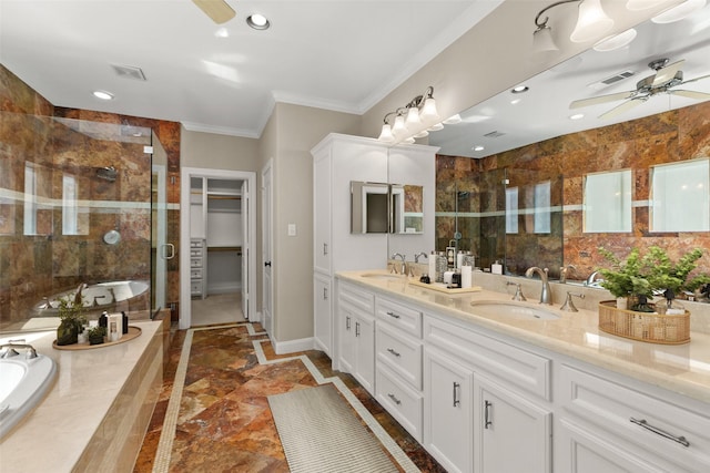 6635 Wanita Pl Unit B, Houston, TX 77007 - full bathroom with a ceiling fan, inlaid floor details, a shower stall, ornamental molding, and a bath