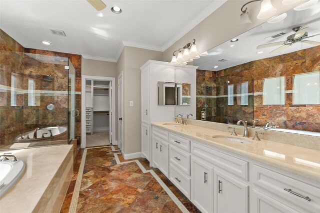 6635 Wanita Pl Unit B, Houston, TX 77007 - bathroom featuring inlaid floor details, ceiling fan, a shower stall, crown molding, and recessed lighting